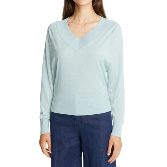 Theory Women's Deep V Neck Rib Wool Sweater Stretch Long Sleeve Mint Size M - Picture 1 of 5